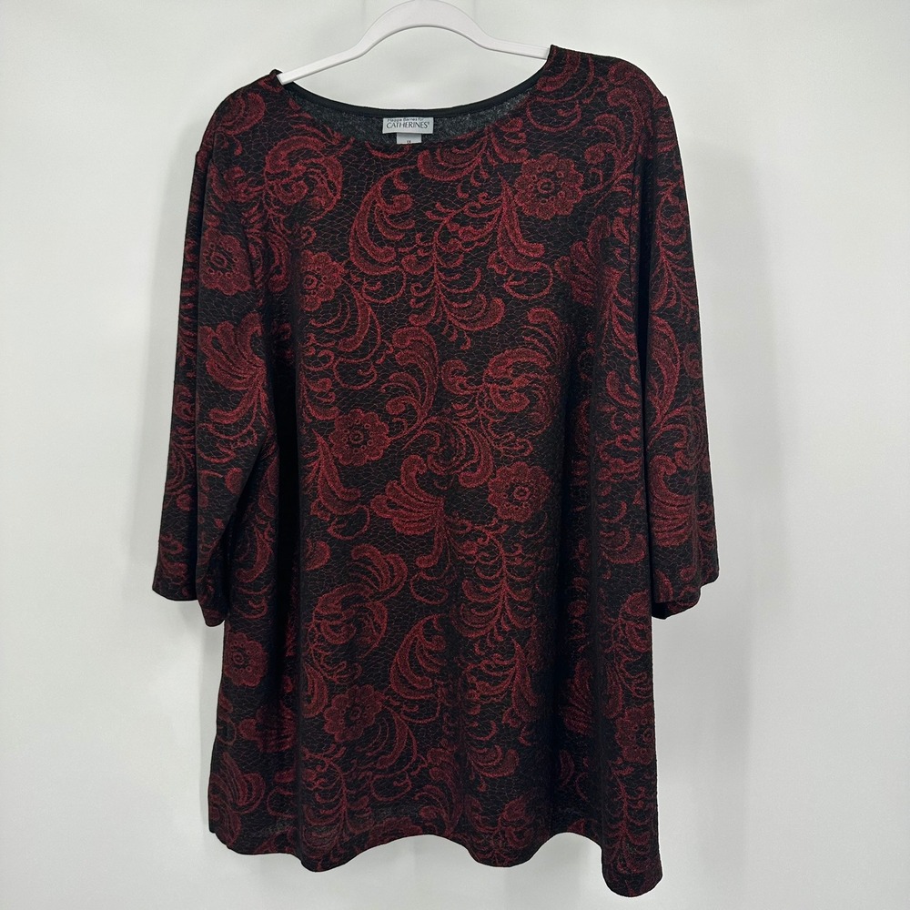 Catherines Womens Tunic Top Size 1X Red Black Metallic Floral Damask Brocade